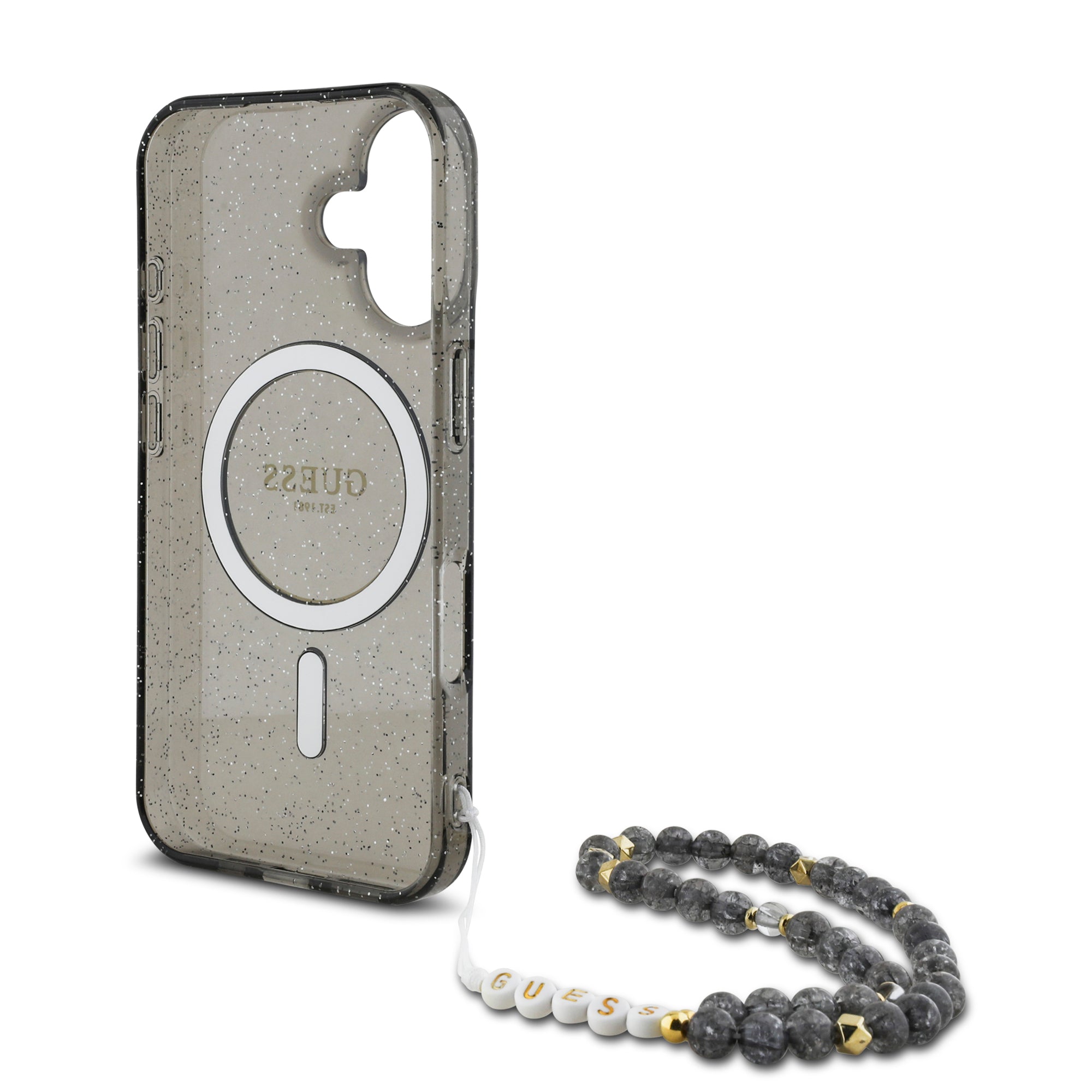 Guess Magsafe “Glitter with Pearl Strap” Hard Case Θήκη προστασίας από σκληρό πλαστικό – iPhone 16 (Μαύρο – GUHMP16SHGCRELSK)