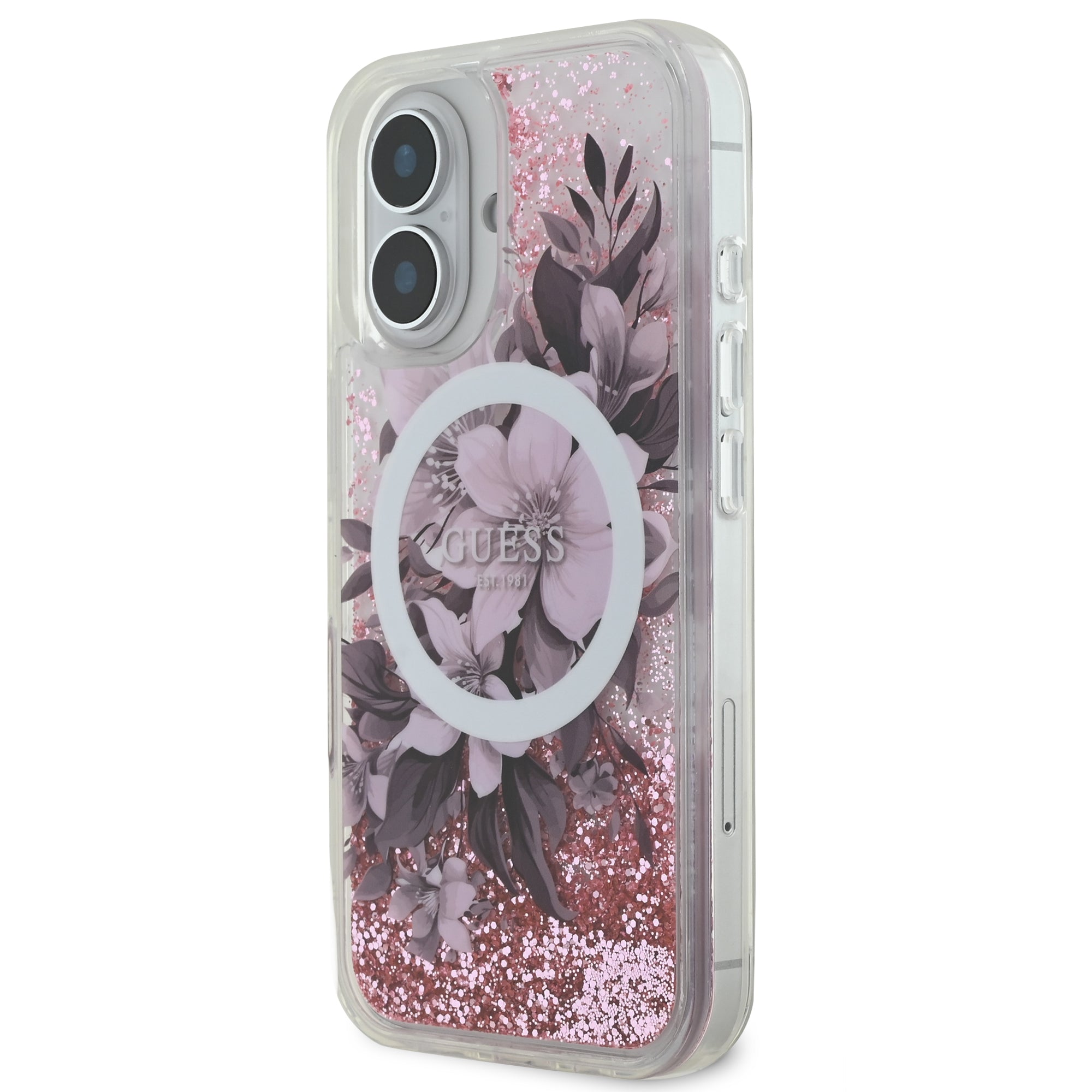 Guess Magsafe “Liquid Glitter Flower" Hard Case Θήκη προστασίας από σκληρό πλαστικό – iPhone 16 (Ροζ – GUHMP16SLFMWTP)