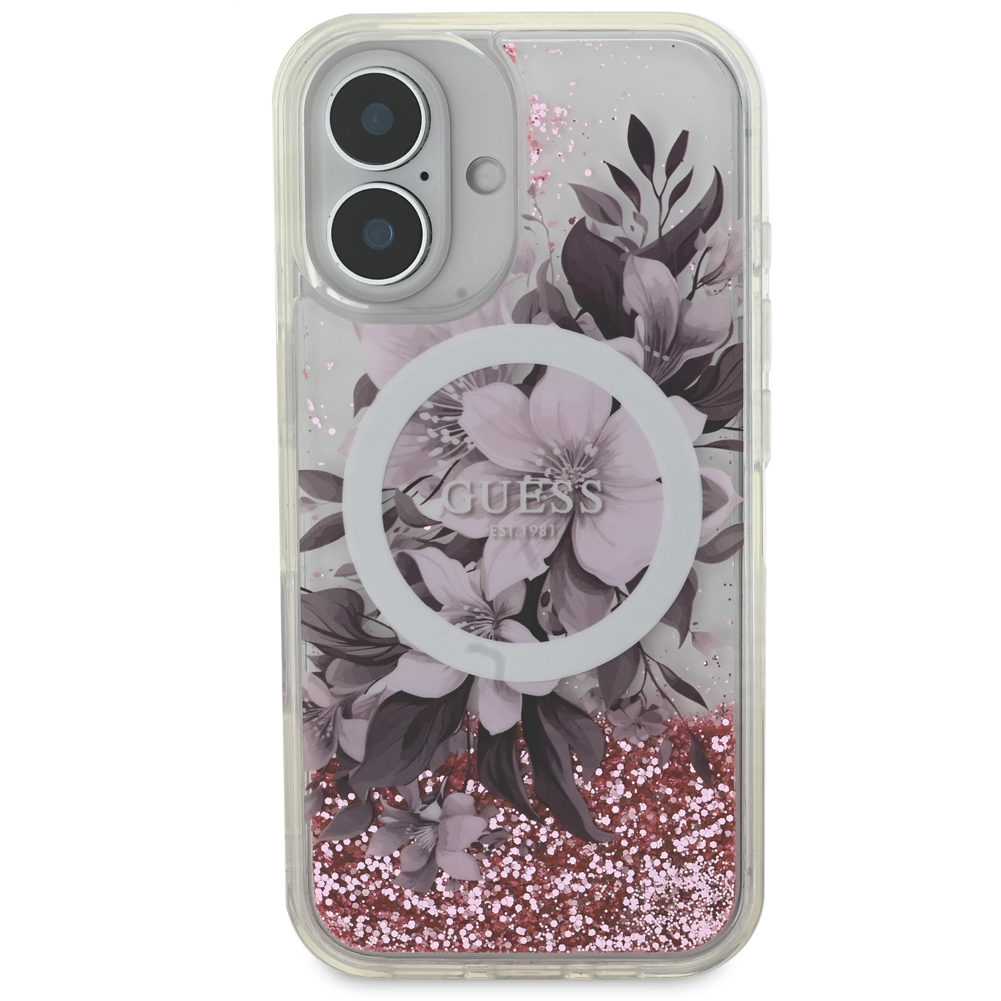 Guess Magsafe “Liquid Glitter Flower" Hard Case Θήκη προστασίας από σκληρό πλαστικό – iPhone 16 (Ροζ – GUHMP16SLFMWTP)