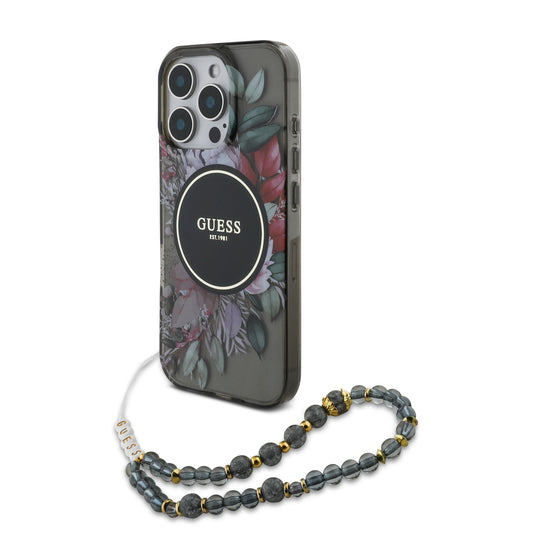 Guess Magsafe “Flowers With Pearl Strap” Hard Case Θήκη Προστασίας Από Σκληρό Πλαστικό – Iphone 16 Pro Max (Μαύρο – Guhmp16Xhfwbrcesk) – Θήκη για κινητό από το PhoneBazaar.gr