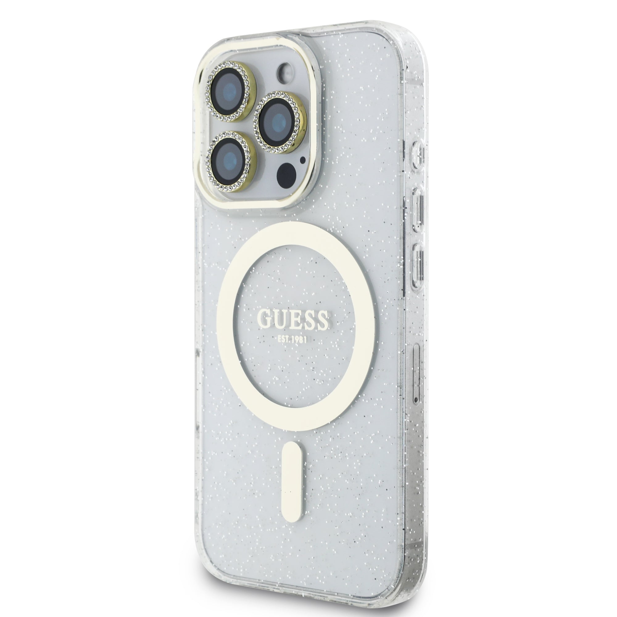Guess Iml Magsafe Case “Rhinestone Gold Lens + Screen” Θήκη Προστασίας Από Σκληρό Πλαστικό – Iphone 16 Pro (Clear/Glitter – Guobpltp16Lhcmcgt) – Θήκη για κινητό από το PhoneBazaar.gr