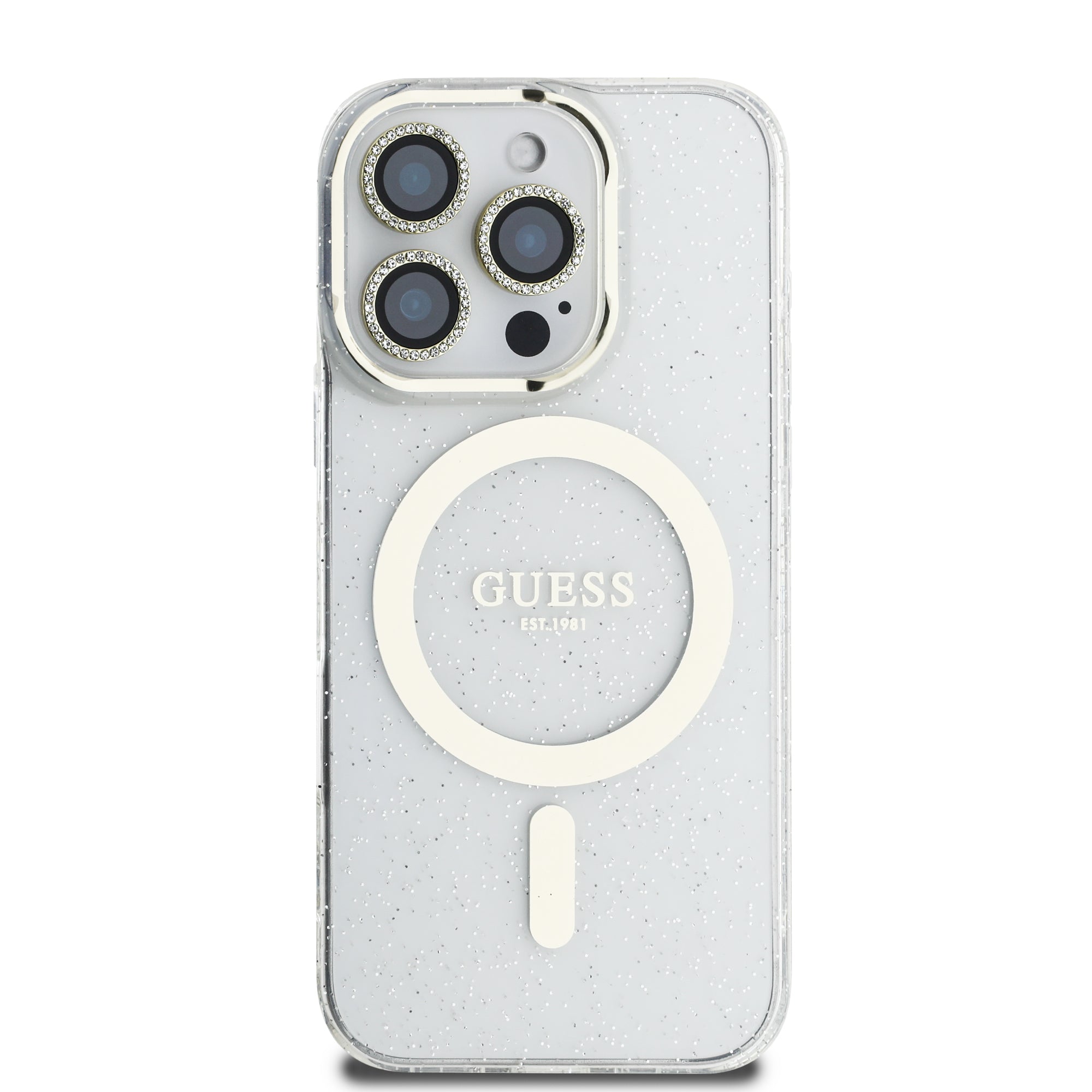 Guess IML Magsafe Case “Rhinestone Gold Lens + Screen” Θήκη προστασίας από σκληρό πλαστικό – iPhone 16 Pro (Clear/Glitter – GUOBPLTP16LHCMCGT)