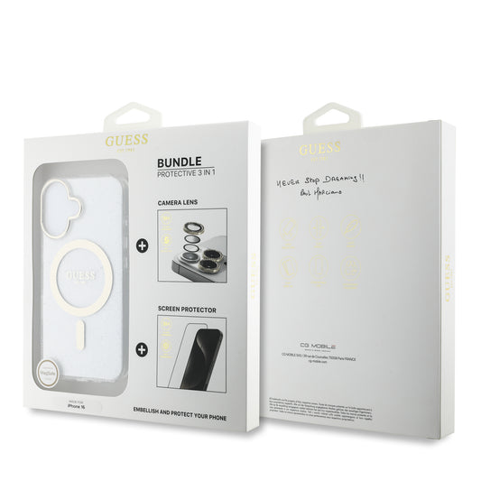 Guess Iml Magsafe Case “Rhinestone Gold Lens + Screen” Θήκη Προστασίας Από Σκληρό Πλαστικό – Iphone 16 (Clear/Glitter – Guobpltp16Shcmcgt) – Θήκη για κινητό από το PhoneBazaar.gr