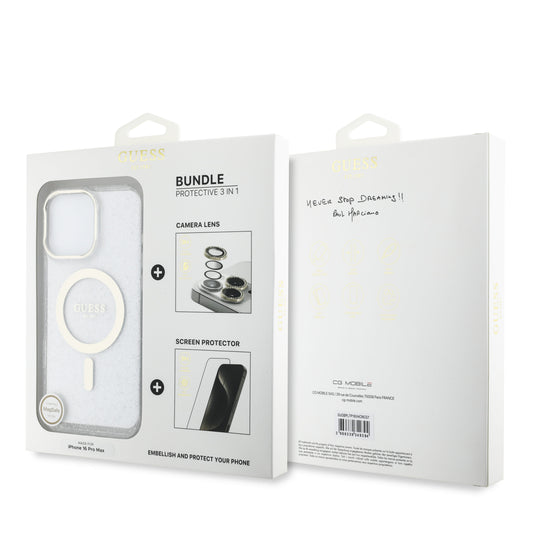 Guess Iml Magsafe Case “Rhinestone Gold Lens + Screen” Θήκη Προστασίας Από Σκληρό Πλαστικό – Iphone 16 Pro Max (Clear/Glitter – Guobpltp16Xhcmcgt) – Θήκη για κινητό από το PhoneBazaar.gr