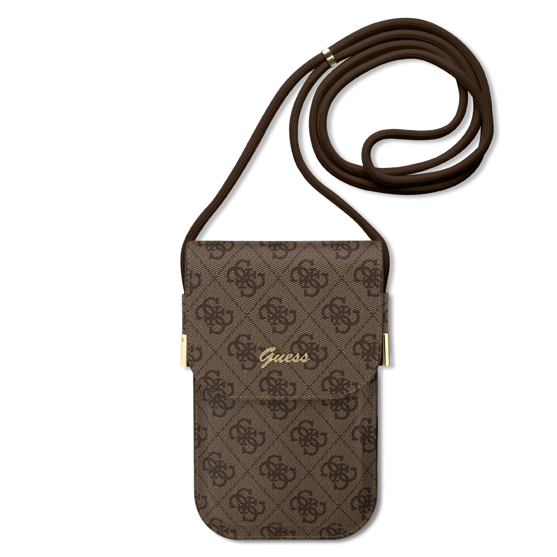 Guess “4G Logo Collection” Script Metal Logo Pouch With Cord Τσαντάκι Κατάλληλο Για Smartphone Small / Medium (170X95Mm) Με Κορδονάκι (Brown – Guowbp4Snsw) – Θήκη για κινητό από το PhoneBazaar.gr
