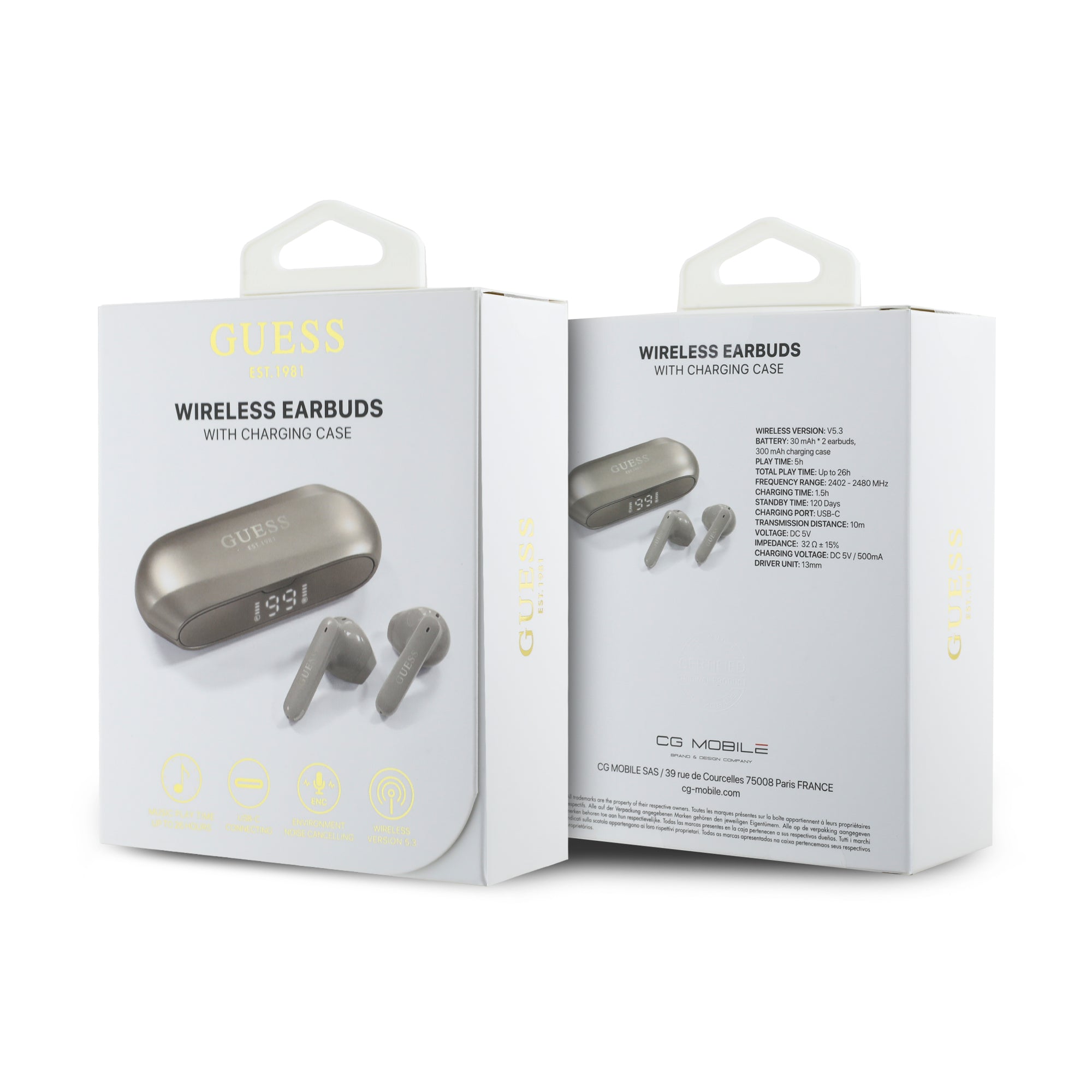 Guess Elongated Metallic Classic Printed Logo True Wireless ENC Earphones (Gold - GUTWSC2MCDSD)