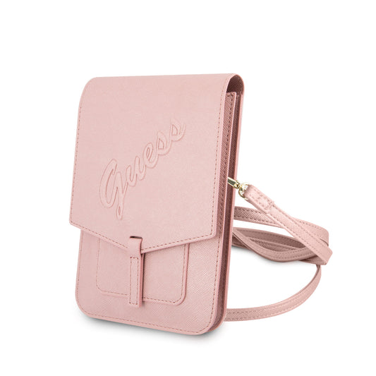 Guess Saffiano Script Logo Bag Τσαντάκι Clutch Κατάλληλο Για Smartphone (Pink - Guwbrsavspi) – Θήκη για κινητό από το PhoneBazaar.gr