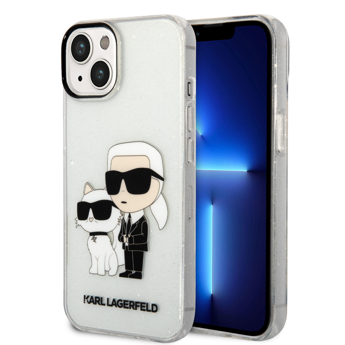 Karl Lagerfeld Ikonik Back Cover Case Karl & Choupette Διάφανη Θήκη Προστασίας Από Tpu / Pc – Iphone 14 Plus (Clear Glitter) – Θήκη για κινητό από το PhoneBazaar.gr