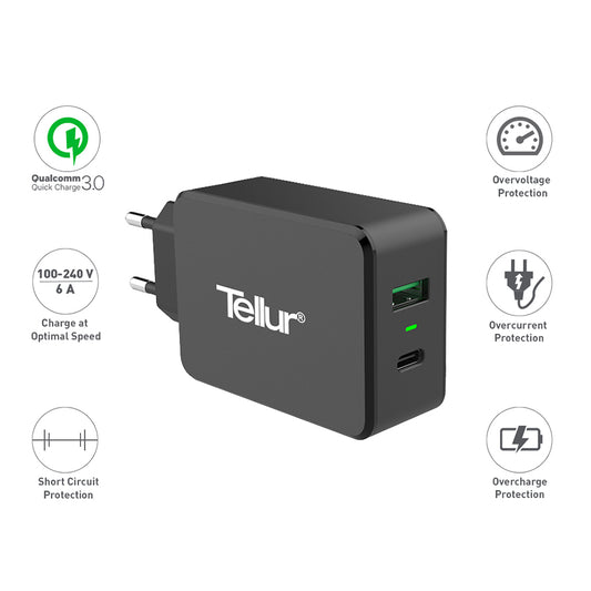 Tellur Dual Usb Wall Charger Quick Charge 3.0 6A Φορτιστής Δύο Θυρών (Usb-C + Qc3.0), Σε Μαύρο Χρώμα – Θήκη για κινητό από το PhoneBazaar.gr