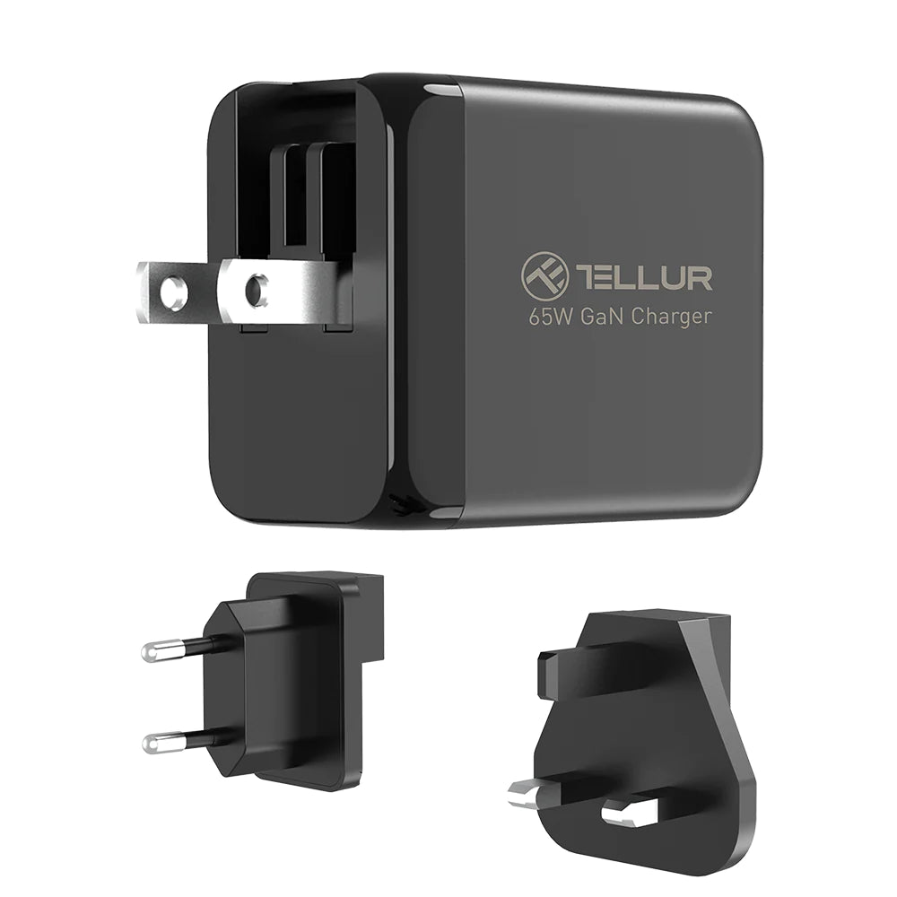 Tellur GaN 65W 3-port wall charger, 2xUSB-C + USB-A, EU, UK, US- Φορτιστής Τοίχου 3 θυρών σε μαύρο χρώμα