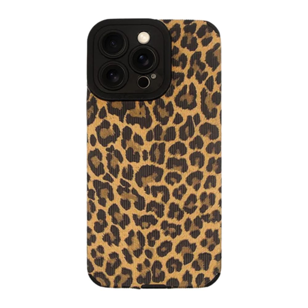 Η θήκη Leopard Animal Print Case για iPhone 12 από το phonebazaar.gr διαθέτει σχέδιο μονάδας κάμερας με τρεις φακούς και φλας, μαζί με εντυπωσιακά μαύρα στίγματα σε χρυσοκαφέ μοτίβο φόντου.