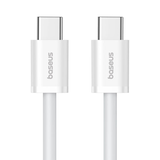 Κοντινό πλάνο δύο λευκών καλωδίων Baseus Superior Series ll USB-C με ασημί βύσματα, το καθένα με την ένδειξη "baseus". Αυτά τα καλώδια προσφέρουν ταχύτητες μεταφοράς δεδομένων έως και 480 Mbps και υποστηρίζουν γρήγορη φόρτιση στα 30 W, σε παράλληλη θέση σε ένα παρθένο λευκό φόντο.