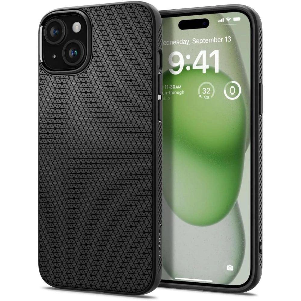 Εμφανίζεται μια θήκη Spigen Liquid Air Case για iPhone 15 Plus σε μαύρο ματ, με γεωμετρική υφή. Το εύκαμπτο TPU εξασφαλίζει απορροφητικό κράτημα. Στην οθόνη εμφανίζεται η ώρα 9:41 και η ημερομηνία, 13 Σεπτεμβρίου, με μια πράσινη αφηρημένη ταπετσαρία, που εμφανίζει τμήματα της μπροστινής και της πίσω κάμερας.