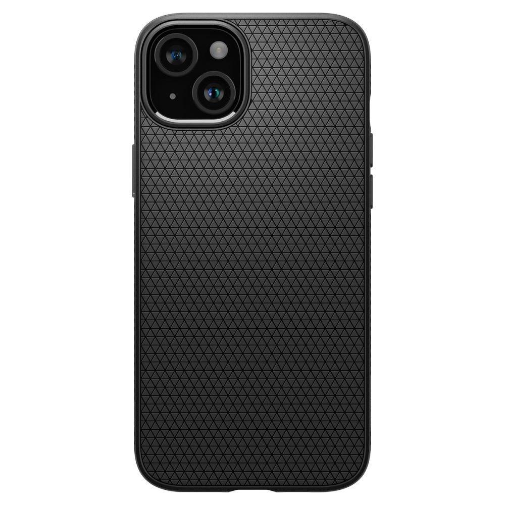 Η θήκη Spigen Liquid Air Case για iPhone 15 Plus σε Μαύρο Ματ εμφανίζεται από πίσω, με σχέδιο με τριγωνικό σχέδιο. Προσφέρει συμβατότητα με διπλή κάμερα και κομψή εμφάνιση, κατασκευασμένο από εύκαμπτο TPU για εξαιρετική απορρόφηση κραδασμών.