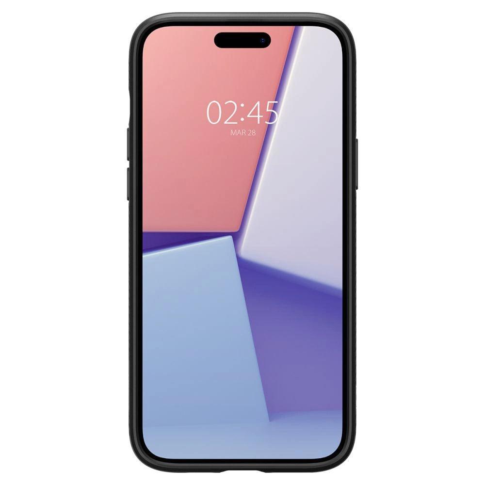 Μια θήκη Spigen Liquid Air Case για iPhone 15 Plus σε Μαύρο Ματ διαθέτει μια πολύχρωμη αφηρημένη ταπετσαρία με γεωμετρικά σχήματα σε ροζ, μωβ και μπλε. Το υλικό TPU με εύκολο κράτημα προσφέρει εξαιρετική απορρόφηση κραδασμών. Στην οθόνη εμφανίζεται "02:45" και η ημερομηνία "28 Μαρτίου.