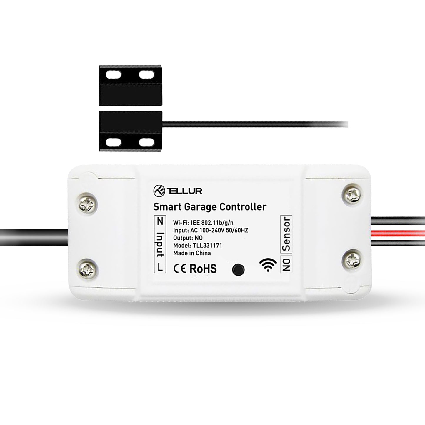 Το κιτ ελέγχου γκαραζόπορτας Tellur Smart WiFi σε λευκό από το phonebazaar.gr διαθέτει τερματικά με ετικέτα, WiFi 2,4 GHz (ασύρματη συχνότητα), σύμβολα πιστοποίησης, μαύρο μαγνητικό αισθητήρα και έλεγχο εφαρμογής μέσω Tellur Smart.