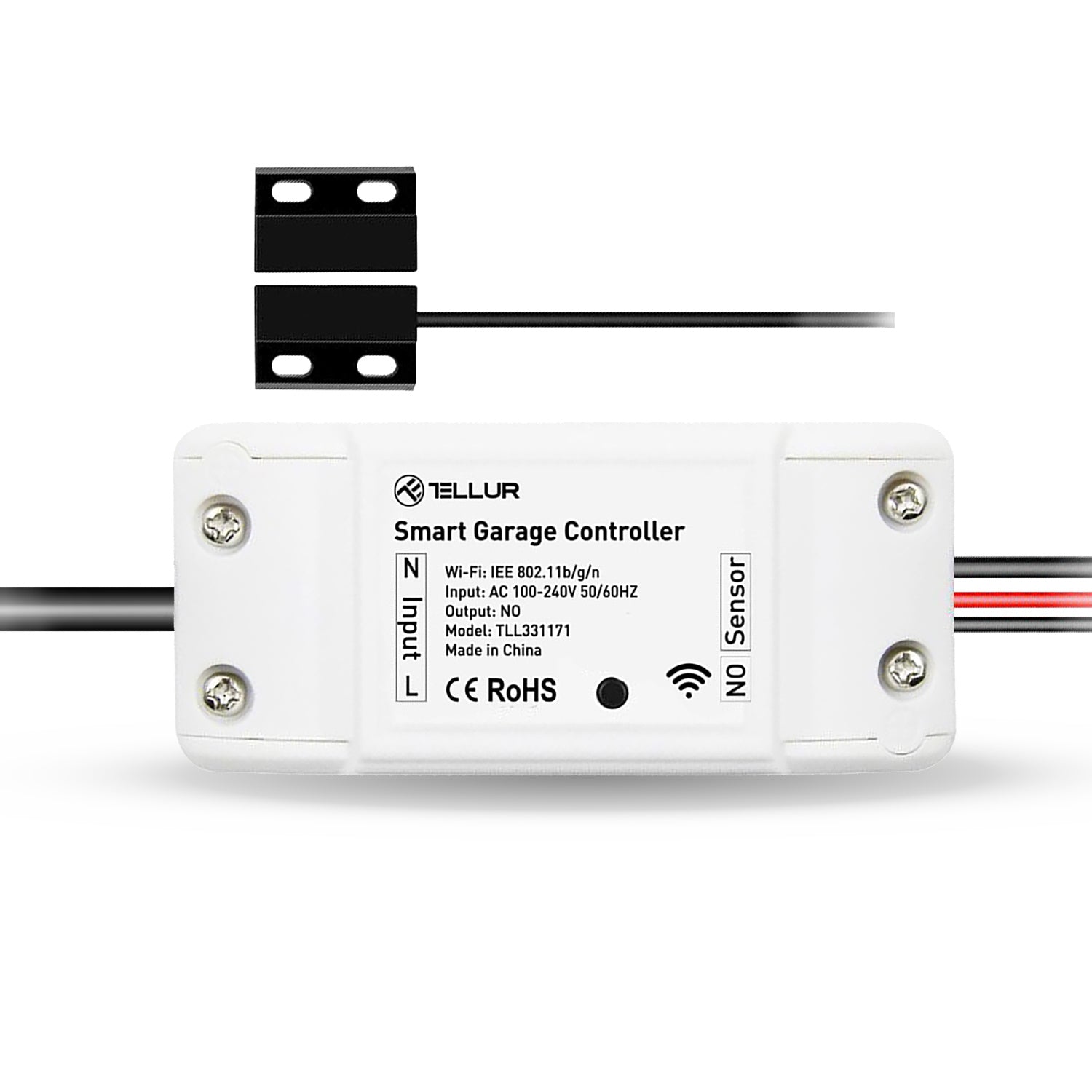 Το κιτ ελέγχου γκαραζόπορτας Tellur Smart WiFi σε λευκό από το phonebazaar.gr διαθέτει τερματικά με ετικέτα, WiFi 2,4 GHz (ασύρματη συχνότητα), σύμβολα πιστοποίησης, μαύρο μαγνητικό αισθητήρα και έλεγχο εφαρμογής μέσω Tellur Smart.