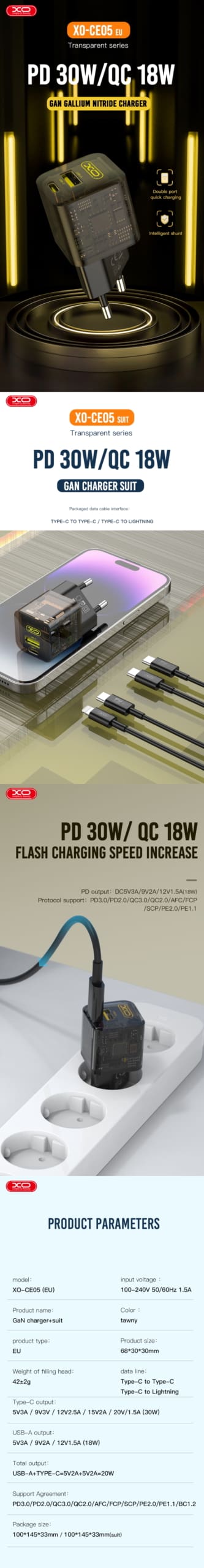 XO-CE05 EU GaN Φορτιστής Ταχείας Φόρτισης 30W PD / 18W QC με Διαφανή Σχεδίαση και καλώδιο USB-C σε Lightning