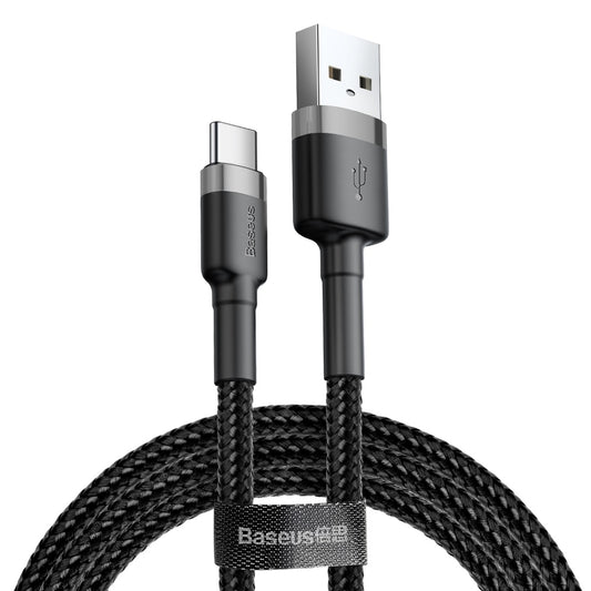 Το καλώδιο Baseus Cafule USB-A/USB-C QC 3.0 3A, σε μαύρο-γκρι, είναι όμορφα κουλουριασμένο και στερεωμένο με επώνυμο υφασμάτινο ιμάντα. Διαθέτει τεχνολογία RapidCharge για αποτελεσματική παροχή ενέργειας και προβάλλει τις υποδοχές του σε κοντινή λήψη.