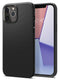 Η θήκη Spigen Liquid Air Case για iPhone 12/12 Pro σε μαύρο ματ χρώμα διαθέτει ένα premium γεωμετρικό μοτίβο ματ TPU, που φαίνεται να στέκεται όρθια σε μια λευκή επιφάνεια. Η οθόνη του εμφανίζει 2:45 και 28 Μαρτίου σε αφηρημένη ταπετσαρία, προσφέροντας προστασία από γρατζουνιές και απορρόφηση κραδασμών.