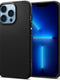 Εμφανίζεται μια θήκη Spigen Liquid Air iPhone 13 Pro σε Μαύρο Ματ, με τεχνολογία Air Cushion. Η οθόνη του τηλεφώνου εμφανίζει ένα μπλε γεωμετρικό μοτίβο με λαμπερές γραμμές και η ρύθμιση της πίσω τριπλής κάμερας είναι εμφανής.