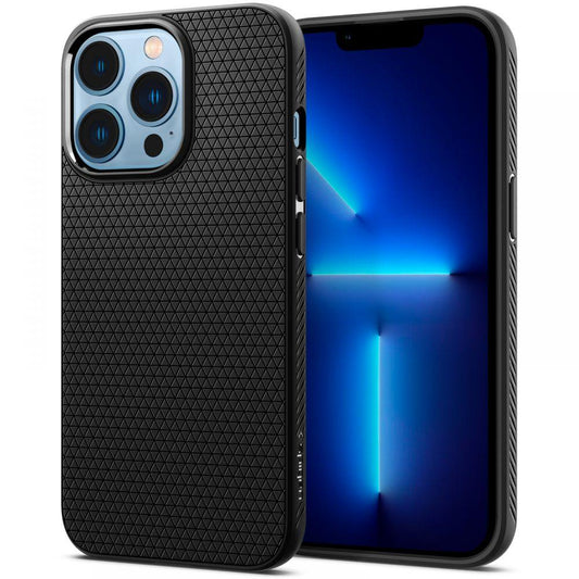 Η θήκη Spigen Liquid Air Case για iPhone 13 Pro Max σε Μαύρο Ματ εμφανίζεται από πίσω και μπροστά, με γεωμετρικό σχέδιο. Σχεδιασμένο με στρατιωτικών προδιαγραφών για ενισχυμένη απορρόφηση κραδασμών, τονίζει τους φακούς της κάμερας στο πίσω μέρος και εμφανίζει μια μπλε/μαύρη αφηρημένη ταπετσαρία στο μπροστινό μέρος.