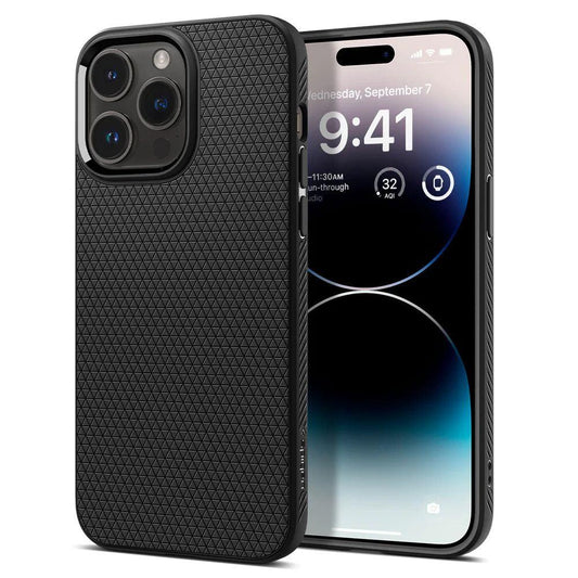 The iPhone 14 Pro Max is displayed with a Spigen Liquid Air Case in matte black, displaying 9:41 and Wednesday, September 7. The case boasts ανθεκτική κατασκευή TPU for durability and τεχνολογία απορρόφησης κραδασμών, ενώ μικρά εικονίδια ειδοποίησης εμφανίζονται στο επάνω κέντρο της οθόνης.