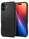 Εμφανίζεται μια μαύρη θήκη Spigen Liquid Air Case για iPhone 16 Plus, σχεδιασμένη με ανάγλυφο τριγωνικό σχέδιο και premium ματ TPU για απορρόφηση κραδασμών. Δίπλα του βρίσκεται ένα άλλο τηλέφωνο με πολύχρωμη οθόνη ντεγκραντέ. Και τα δύο διαθέτουν κομψά σχέδια και ρυθμίσεις διπλής κάμερας, επιδεικνύοντας την τεχνολογία προστασίας Air Cushion.
