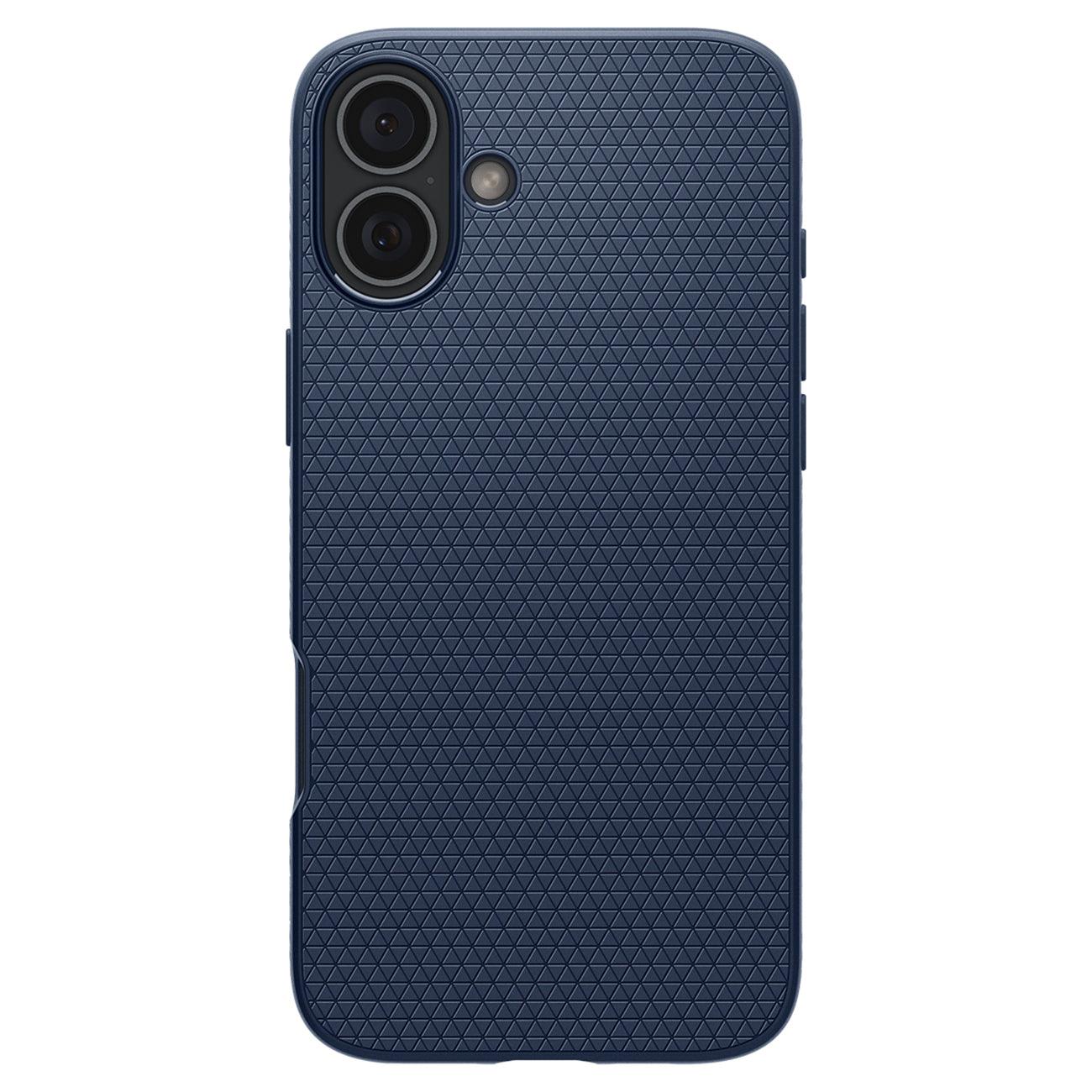 Η θήκη Spigen Liquid Air Case για iPhone 16 Plus σε μπλε χρώμα διαθέτει μοτίβο τριγώνου με υφή με διπλές εγκοπές κάμερας και άνοιγμα φλας επάνω αριστερά. Κατασκευασμένο από premium ματ TPU, προσφέρει εξαιρετική απορρόφηση κραδασμών και προστασία από τις γρατσουνιές.