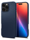 Κοντινό πλάνο ενός iPhone 16 Pro Max σε θήκη Spigen Liquid Air, που δείχνει την premium μπλε γεωμετρική ματ υφή TPU του. Η οθόνη εμφανίζει μια ζωντανή ταπετσαρία ντεγκραντέ με κόκκινες, πορτοκαλί και μπλε αποχρώσεις.