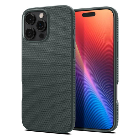 Η θήκη Spigen Liquid Air Case για iPhone 16 Pro Max σε ανάγλυφο πράσινο είναι κατασκευασμένη από premium ματ TPU, με τριγωνικό σχέδιο λαβής και εξαιρετική απορρόφηση κραδασμών. Η οθόνη εμφανίζει μια ζωντανή κλίση κόκκινου, πορτοκαλί και μπλε αποχρώσεων. Το τηλέφωνο διαθέτει τριπλές πίσω κάμερες.