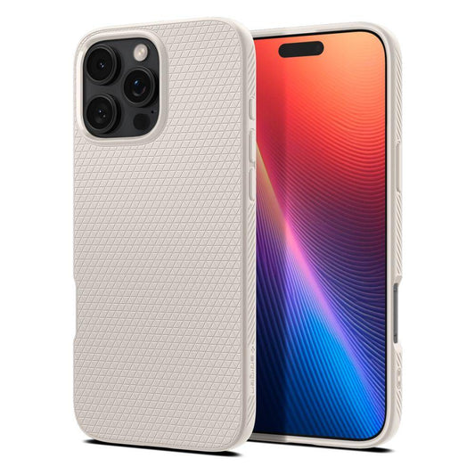 Μια θήκη Titanium Spigen Liquid Air για το iPhone 16 Pro, κατασκευασμένη από ματ TPU για εξαιρετική απορρόφηση κραδασμών, εμφανίζεται σε smartphone. Η οθόνη εμφανίζει μια πολύχρωμη κλίση με κόκκινες, πορτοκαλί και μπλε αποχρώσεις και η μονάδα κάμερας του πίσω μέρους διαθέτει τρεις φακούς και ένα φλας.