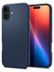 Ένα smartphone, εξοπλισμένο με θήκη Spigen Liquid Air iPhone 16 σε σκούρο μπλε χρώμα, με τριγωνικό σχεδιασμό, τονίζεται με μια πολύχρωμη οθόνη. Το ματ TPU προσφέρει προστασία από γρατζουνιές καθώς εμφανίζεται από μπροστά και πίσω σε λευκό φόντο.