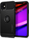Εμφανίζεται μια θήκη Spigen Rugged Armor iPhone 11 σε ματ μαύρο χρώμα που περικλείει ένα τηλέφωνο με μωβ ντεγκραντέ οθόνη 02:45. Διαθέτει ανάγλυφη επιφάνεια, οπίσθιο κάλυμμα Magsafe με κυκλική εγκοπή και μάρκα 