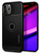 Εμφανίζεται ένα iPhone 12/12 Pro με μαύρη θήκη Spigen Rugged Armor Matte. Η οθόνη εμφανίζει 02:45, 28 Μαρτίου. Στο πίσω μέρος έχει εγκοπή λογότυπου και ρύθμιση τριπλής κάμερας, συμβατή με MagSafe για ευκολία.