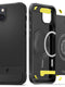 Η θήκη Spigen Rugged Armor Mag Case για iPhone 14 σε Μαύρο Ματ εμφανίζεται σε δύο μέρη: το ένα περιλαμβάνει το τηλέφωνο και το άλλο ως ένα άδειο πίσω κάλυμμα MagSafe με κίτρινες πινελιές και έναν ορατό μαγνητικό δακτύλιο, συνοδευόμενο από ένα ένθετο που μοιάζει με κάρτα.