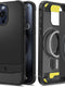 Η θήκη Spigen Rugged Armor Mag Case για iPhone 15 Pro Max σε Μαύρο Ματ διαθέτει εγκοπή κάμερας, ανάγλυφο πάτο και αποσπώμενο εξάρτημα με κίτρινο τόνο. Ο σχεδιασμός του προσφέρει συμβατότητα MagSafe και ισχυρή προστασία, συνδυάζοντας το στυλ με την πρακτικότητα.