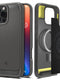 Η θήκη Spigen Rugged Armor MagSafe για iPhone 16 Pro σε γκρι χρώμα διαθέτει στιβαρό σχεδιασμό με ανάγλυφη λαβή και κυκλική εγκοπή. Στο εσωτερικό, υπάρχει μια κίτρινη προφορά και χώρος για τη μαγνητική σας βάση φόρτισης. Εμφανίζεται με και χωρίς το τηλέφωνο.