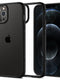 Η Spigen Ultra Hybrid Case για iPhone 12/12 Pro, σε Μαύρο Ματ, παρουσιάζει ένα iPhone με μαύρη πλάτη και το λογότυπο της Apple. Στο μπροστινό μέρος εμφανίζεται μια σκοτεινή οθόνη με γαλάζιους ομόκεντρους κύκλους. Αυτή η θήκη προσφέρει προστασία από πτώσεις και είναι συμβατή με ασύρματη φόρτιση.