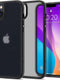 Εμφανίζεται ένα Spigen Ultra Hybrid iPhone 14 Plus σε Μαύρη Ματ θήκη. Η οθόνη δείχνει ένα πολύχρωμο φόντο με την ώρα 