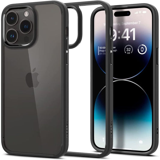 Η θήκη Spigen Ultra Hybrid iPhone 14 Pro Max σε Μαύρο Ματ, που εμφανίζεται σε δύο iPhone με ώρα 9:41 την Τετάρτη 7 Σεπτεμβρίου, διαθέτει στιβαρό πλαίσιο, άνετη λαβή και προστασία πτώσεις, τονίζοντας τους φακούς της πίσω κάμερας και τον σχεδιασμό της μπροστινής οθόνης.