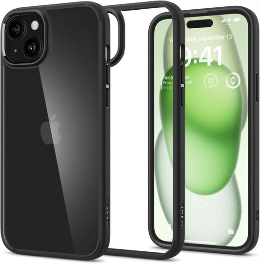 Η θήκη Spigen Ultra Hybrid iPhone 15 Plus σε Μαύρο Ματ διαθέτει κομψό σχεδιασμό από άκρη σε άκρη. Η μπροστινή οθόνη έχει πράσινο θέμα με ρολόι και ημερομηνία, ενώ η πίσω πλευρά υποστηρίζει λογότυπο Apple και εγκοπή διπλής κάμερας. Προσφέρει άνετη λαβή, προστασία από πτώσεις, και είναι συμβατή με ασύρματη φόρτιση.