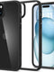 Η θήκη Spigen Ultra Hybrid iPhone 15 σε Μαύρο Ματ είναι μια καθαρή θήκη με μαύρο προφυλακτήρα, σχεδιασμένη για ασύρματη φόρτιση. Εμφανίζεται μπροστά και πίσω. το μπροστινό μέρος δείχνει την ώρα, ενώ το πίσω αποκαλύπτει το λογότυπο της Apple. Κατασκευασμένο από ανθεκτικό πλαστικό & σιλικόνη της Spigen.
