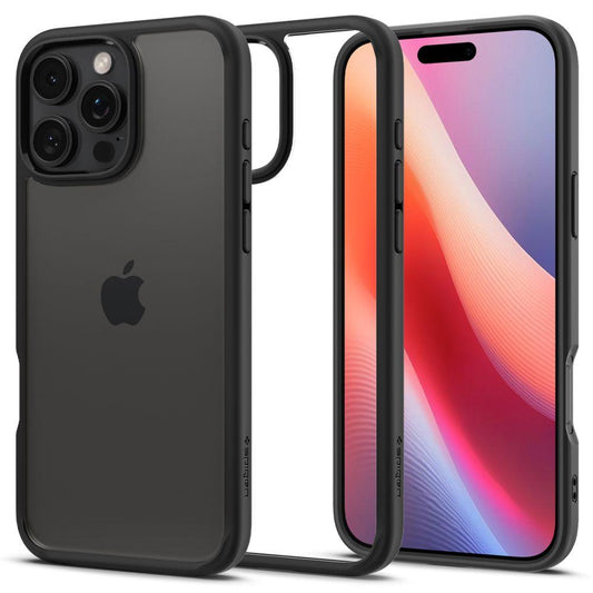 Τρεις όψεις ενός iPhone 16 Pro Max με Spigen Ultra Hybrid Case σε Μαύρο Ματ: το μπροστινό μέρος δείχνει μια πολύχρωμη οθόνη, το πίσω μέρος αποκαλύπτει το λογότυπο και την κάμερα της Apple και μια ξεχωριστή προβολή τονίζει την προστασία της θήκης και την συμβατότητά της με την ασύρματη φόρτιση.