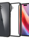 Η θήκη Spigen Ultra Hybrid iPhone 16 σε Μαύρο Ματ, με διάφανη πλάτη, εμφανίζεται σε δύο όψεις: η μία διαθέτει την πολύχρωμη οθόνη του τηλεφώνου και η άλλη τονίζει τις εγκοπές της κάμερας. Χρησιμοποιεί τεχνολογία Air Cushion και υβριδική κατασκευή για να πληροί τα πρότυπα MIL-STD-810G-516.6 για βέλτιστη προστασία.
