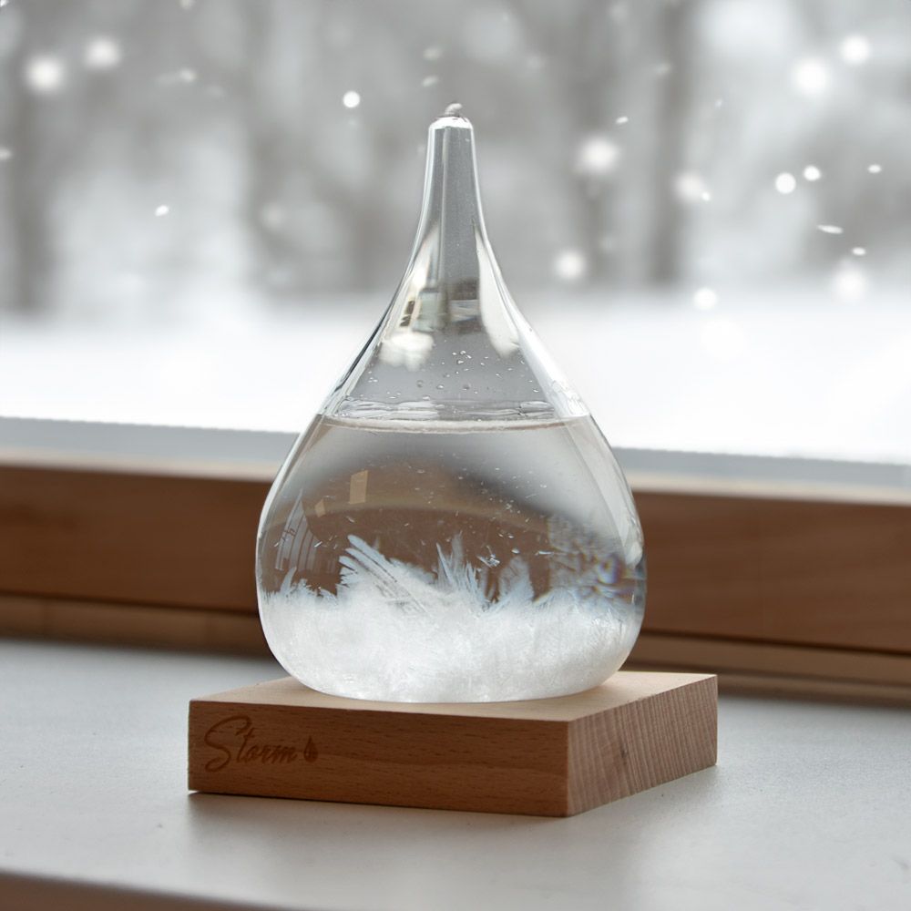 Storm Glass Drop Large – Μεγάλο Διακοσμητικό Βαρόμετρο σε Σχήμα Σταγόνας με Ξύλινη Βάση (22 cm)